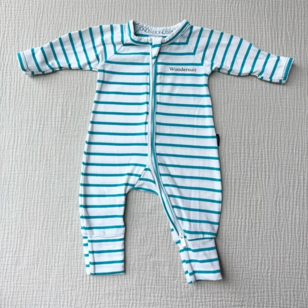 Bonds Teal Stripe Wondersuit Zip Romper